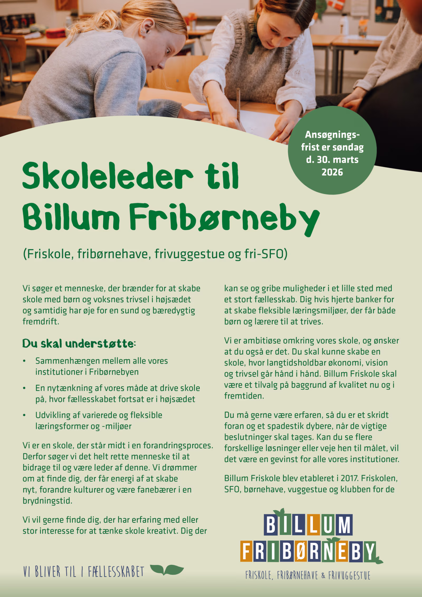 Billum Fribørneby søger ny skoleleder