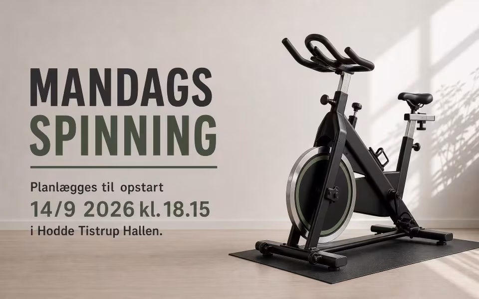 Mandags indoor cycling 2026 kl. 18.15 i Hodde Tistrup Hallen.