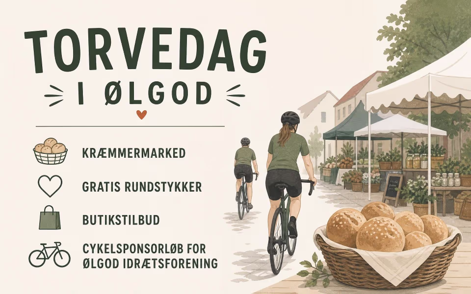 Torvedag med kræmmermarked, gratis rundstykker, butikstilbud og cykelsponsorløb for Ølgod Idrætsforening.
