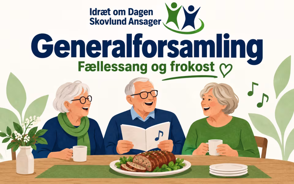 AI-illustration af fællessang og fælles frokost hos Idræt om Dagen Skovlund Ansager.
