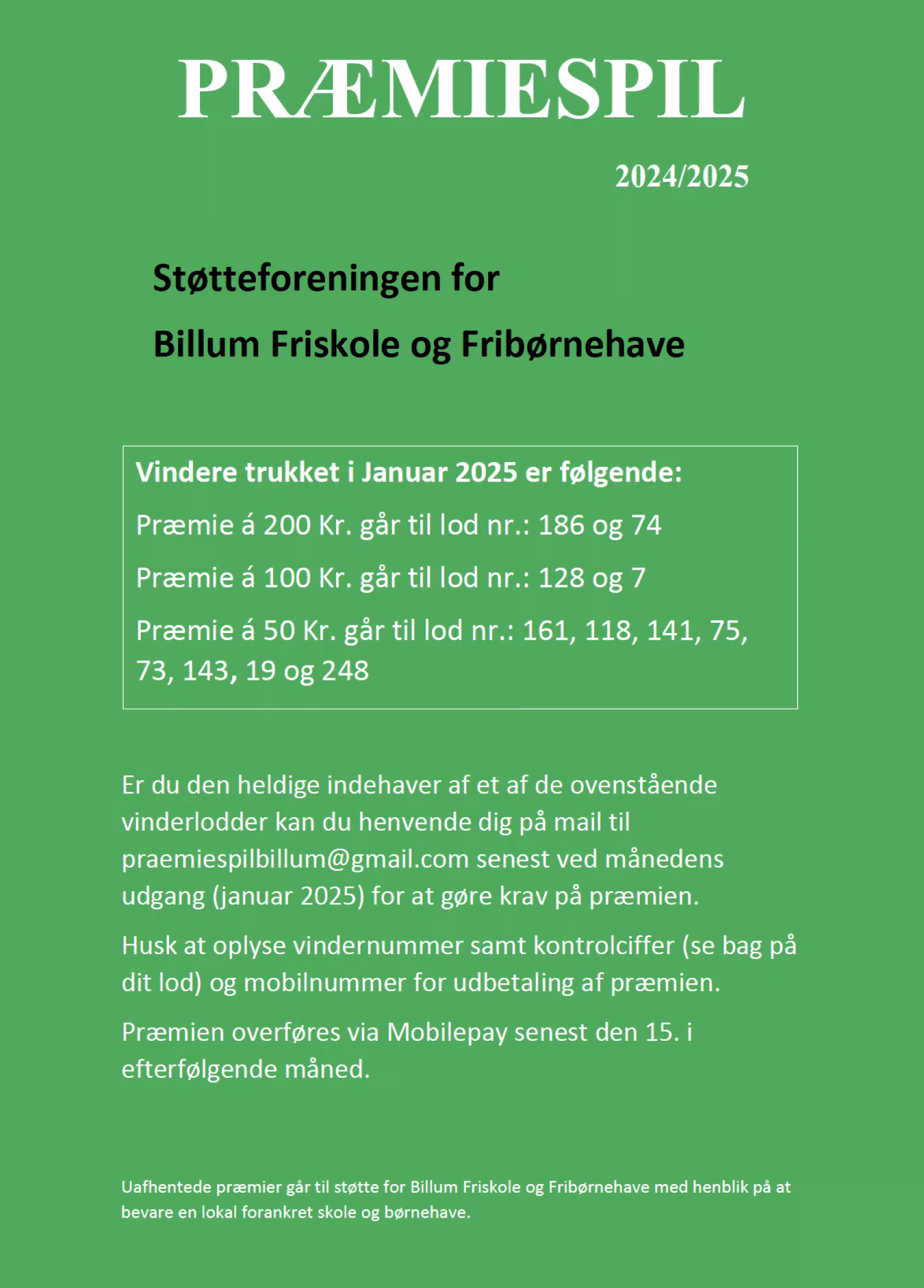 Præmiespil for Støtteforeningen for Billum Friskole og Fribørnehave