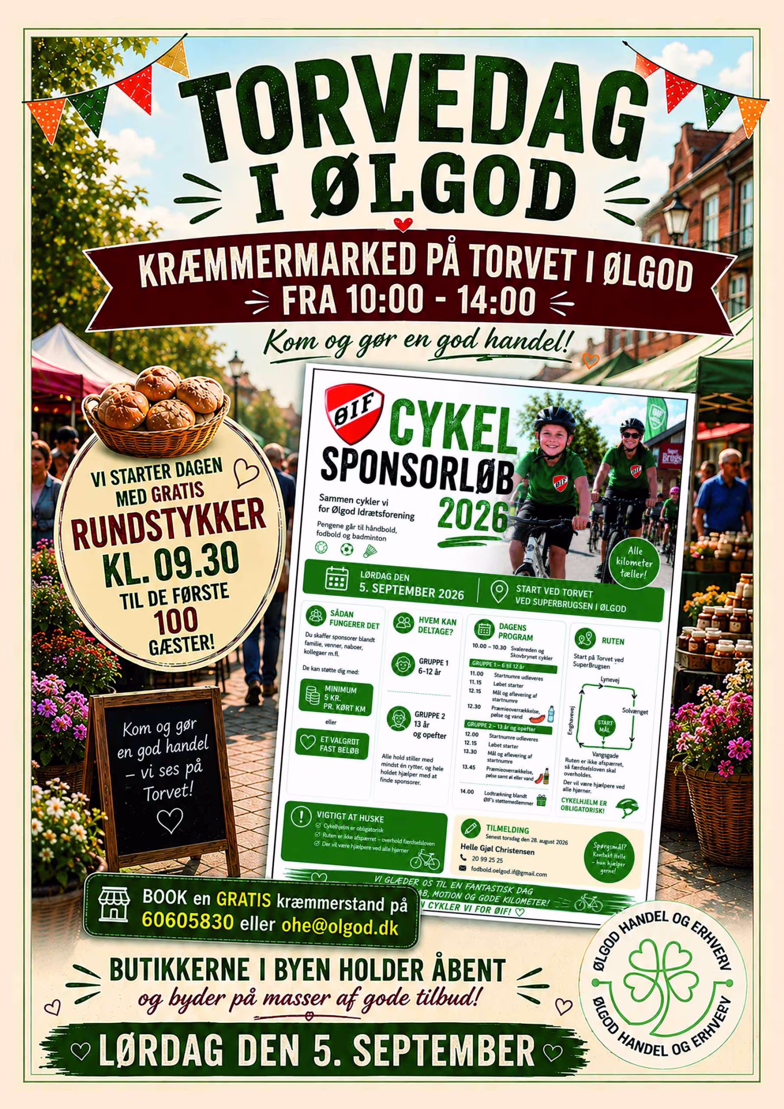 Torvedag med kræmmermarked, gratis rundstykker, butikstilbud og cykelsponsorløb for Ølgod Idrætsforening.