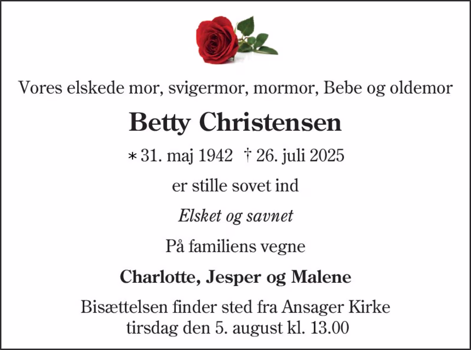 Betty Christensen er stille sovet ind