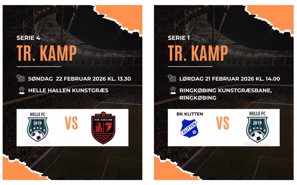 Fodbold. Træningskampe Helle FC Senior - serie 1 og serie 4 i kommende weekend