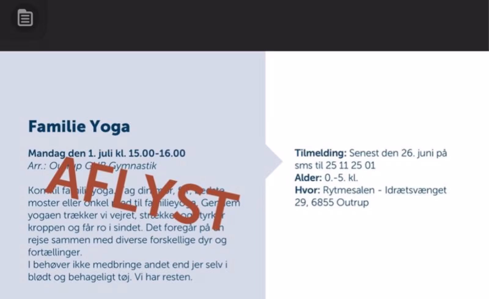 Familie Yoga er aflyst