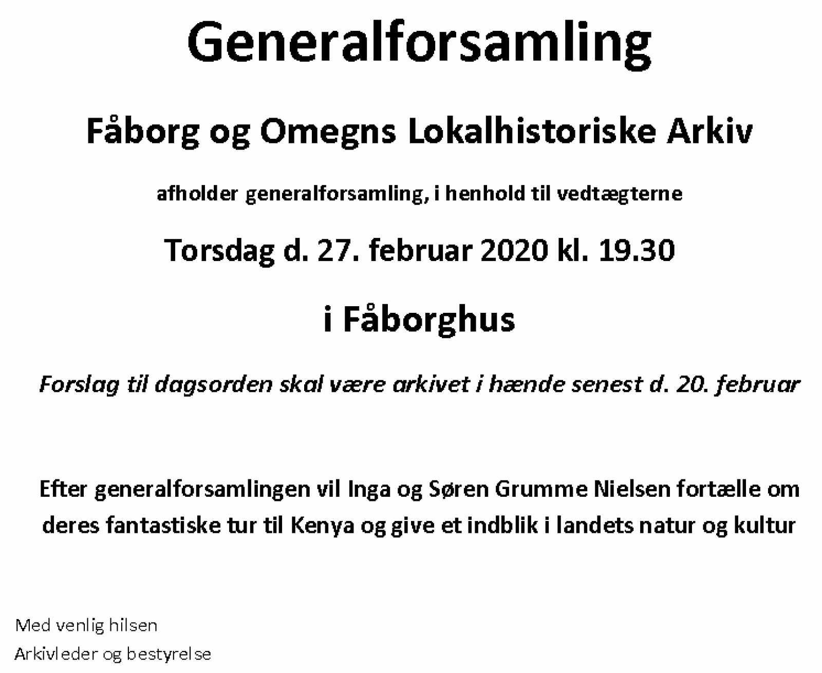 Generalforsamling Fåborg og Omegns Lokalhistoriske Arkiv