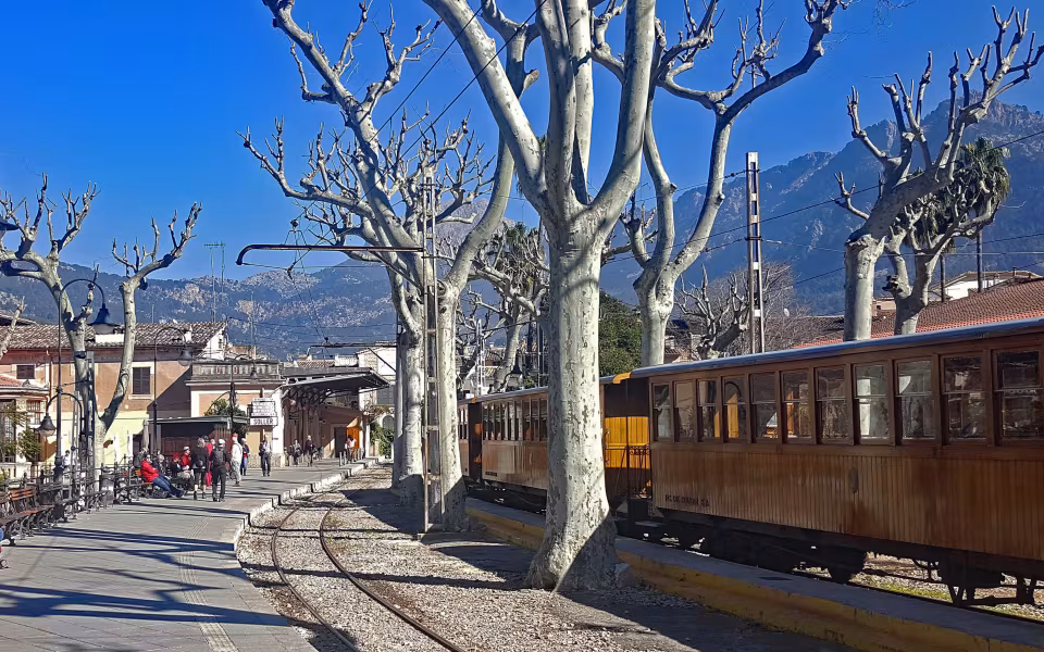 Sporvogn og perron i Sóller mellem stynede plataner med bjerge bagved
