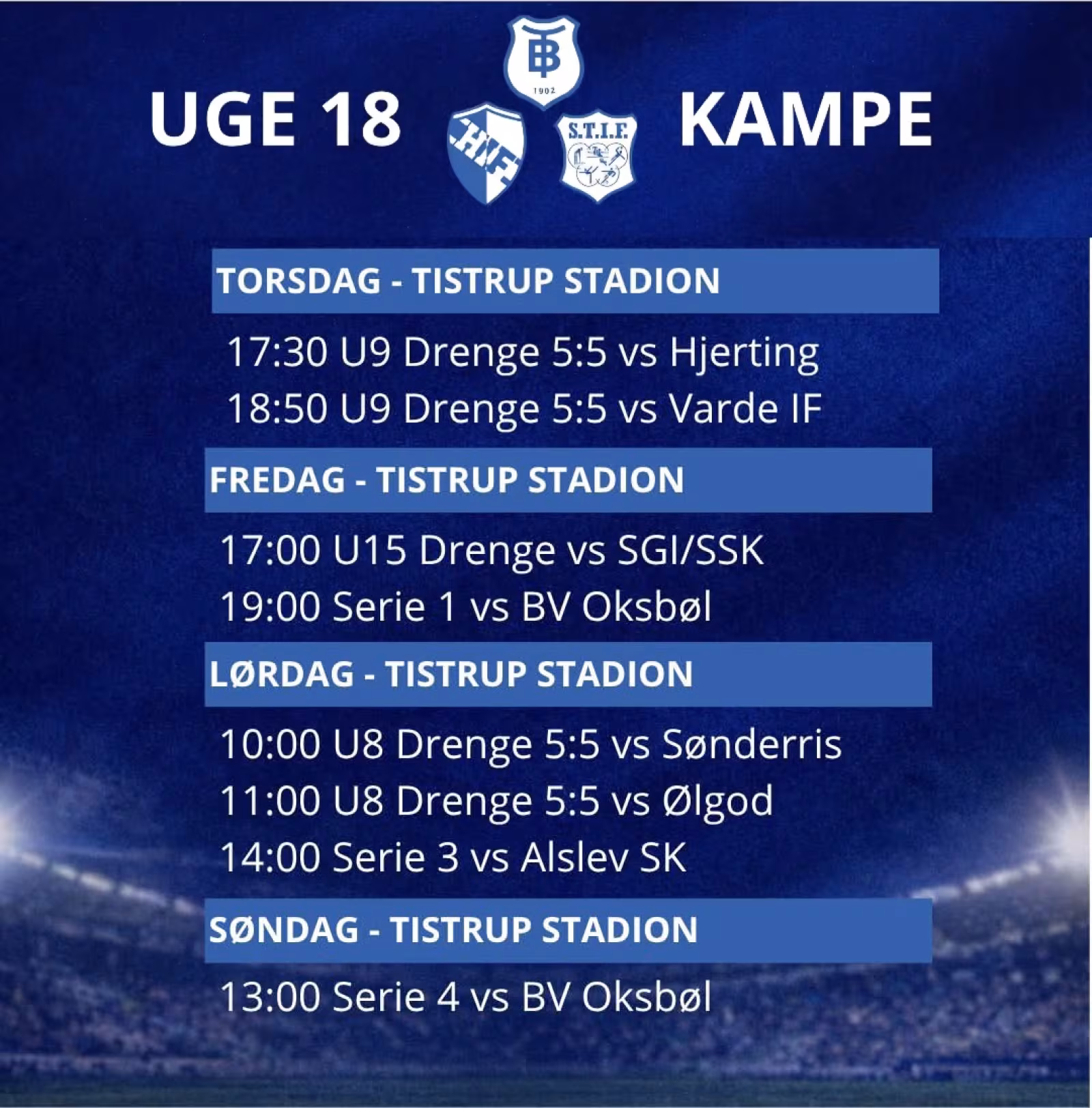 UGE 18: Kommende HTS fodboldkampe kampe på Tistrup Stadion fra torsdag til søndag.