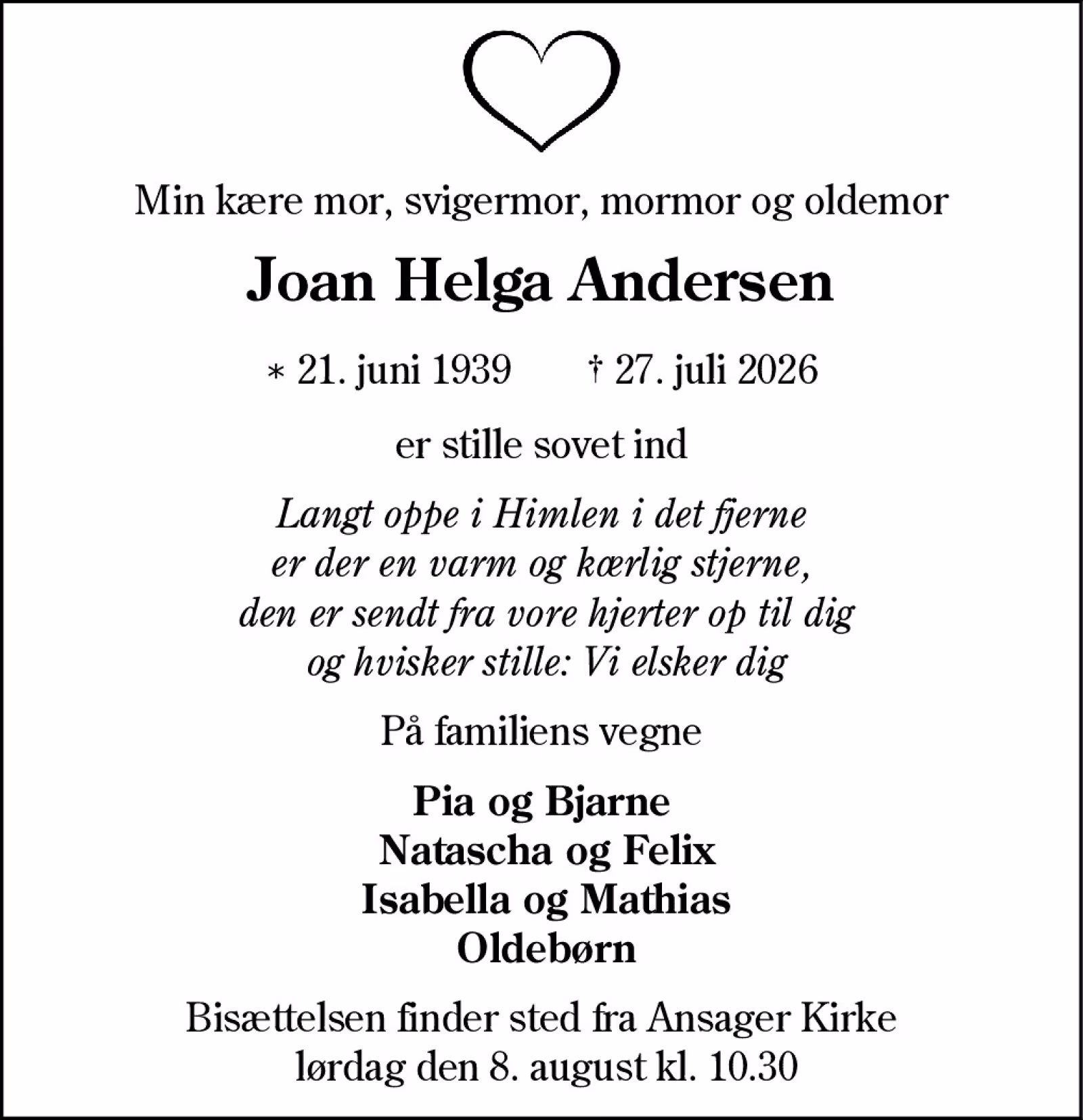 Joan Helga Andersen er stille sovet ind
