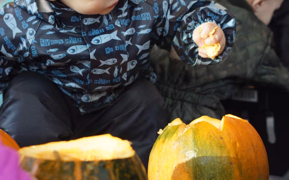 Dagplejebørn i Ansager hjælper brugsen med at udmykke til halloween