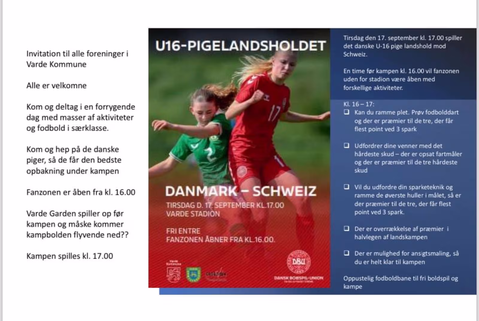 Gratis fodbolddag i Varde: Danmarks U16 piger mod Schweiz