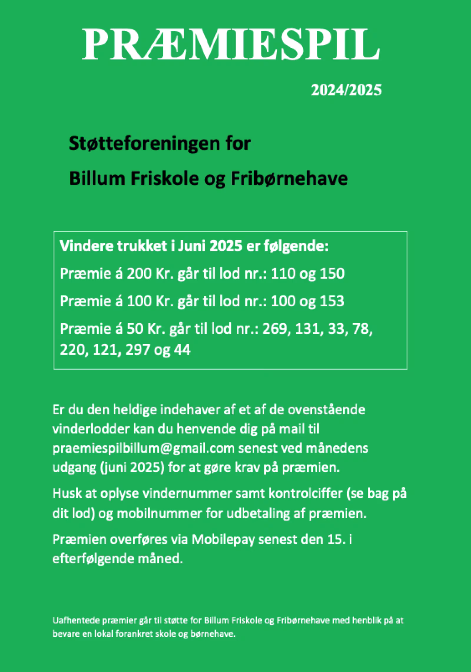 Præmiespil for støtteforeningen for Billum Friskole, -børnehave og vuggestue