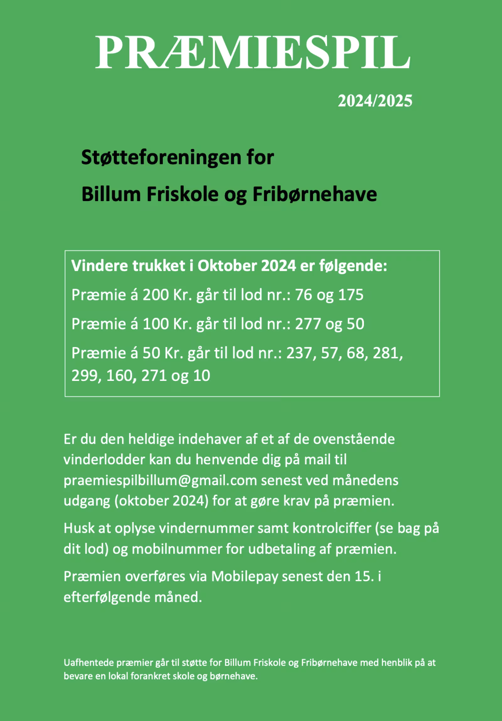 Præmiespil for Støtteforeningen for Billum Friskole og Fribørnehave