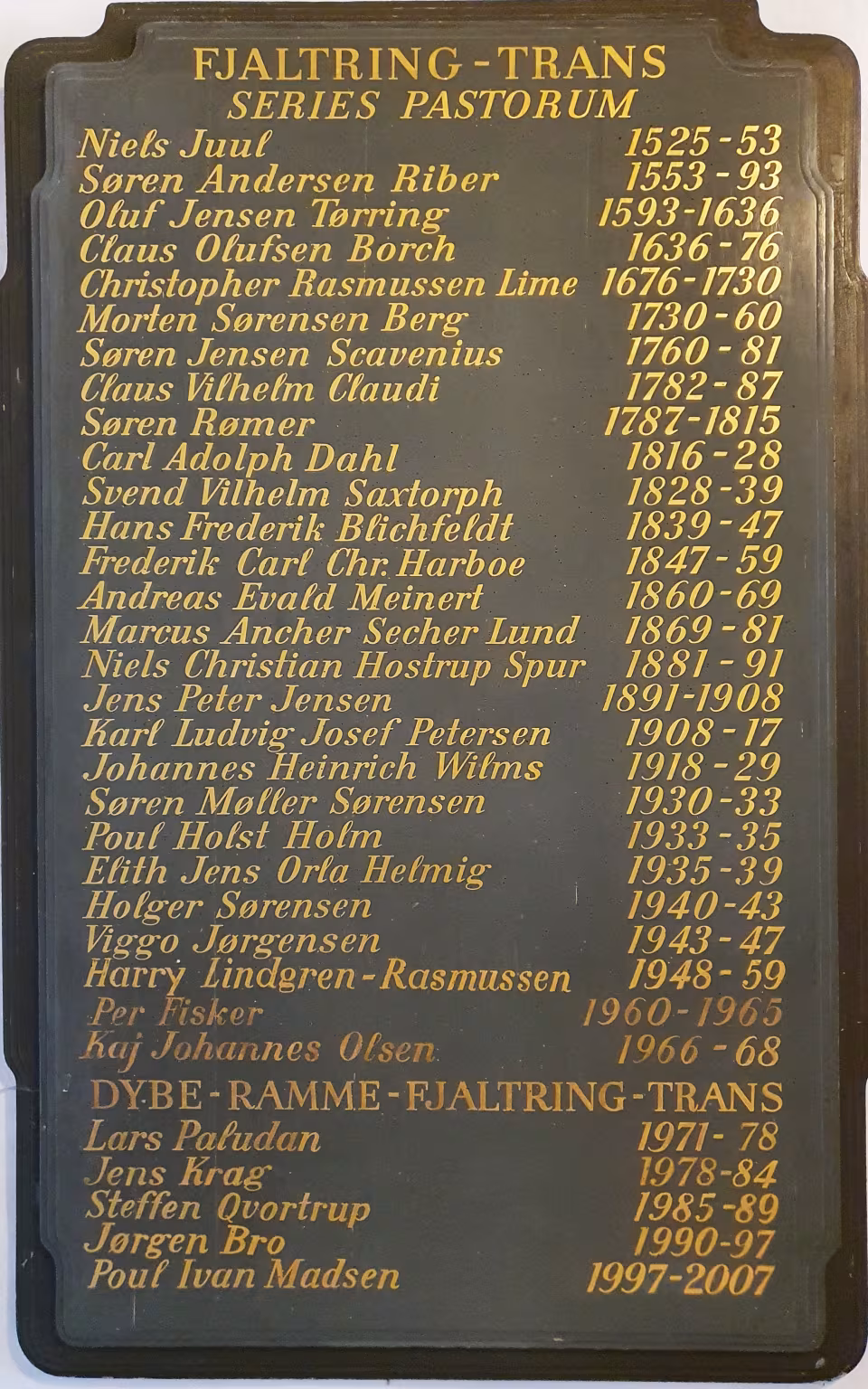 Præstetavle i Fjaltring Kirke med gyldne navne og årstal