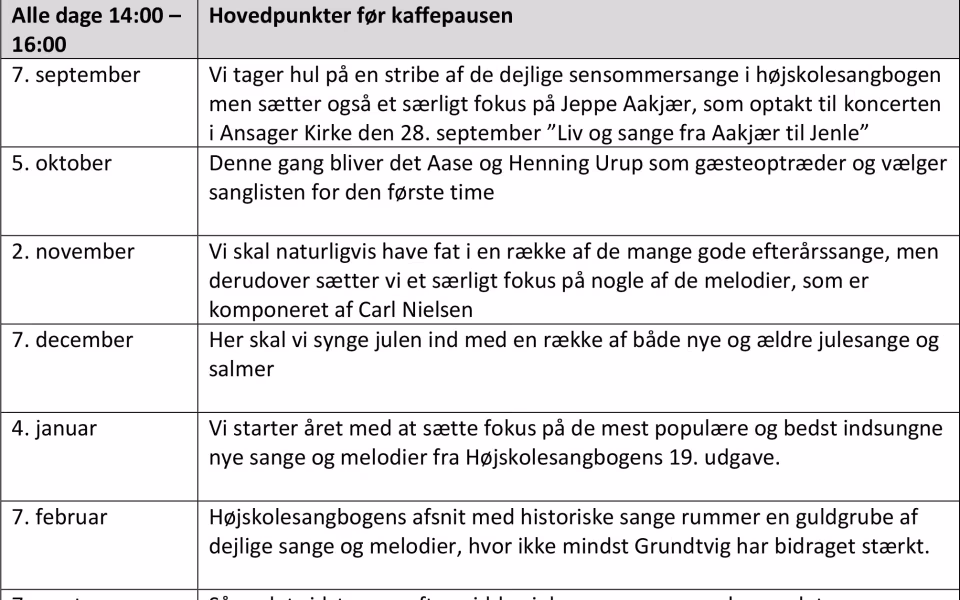 Efteråret og vinterens højskolesang i Skovlund Sognehus starter den 7. september 2023 kl 14:00.