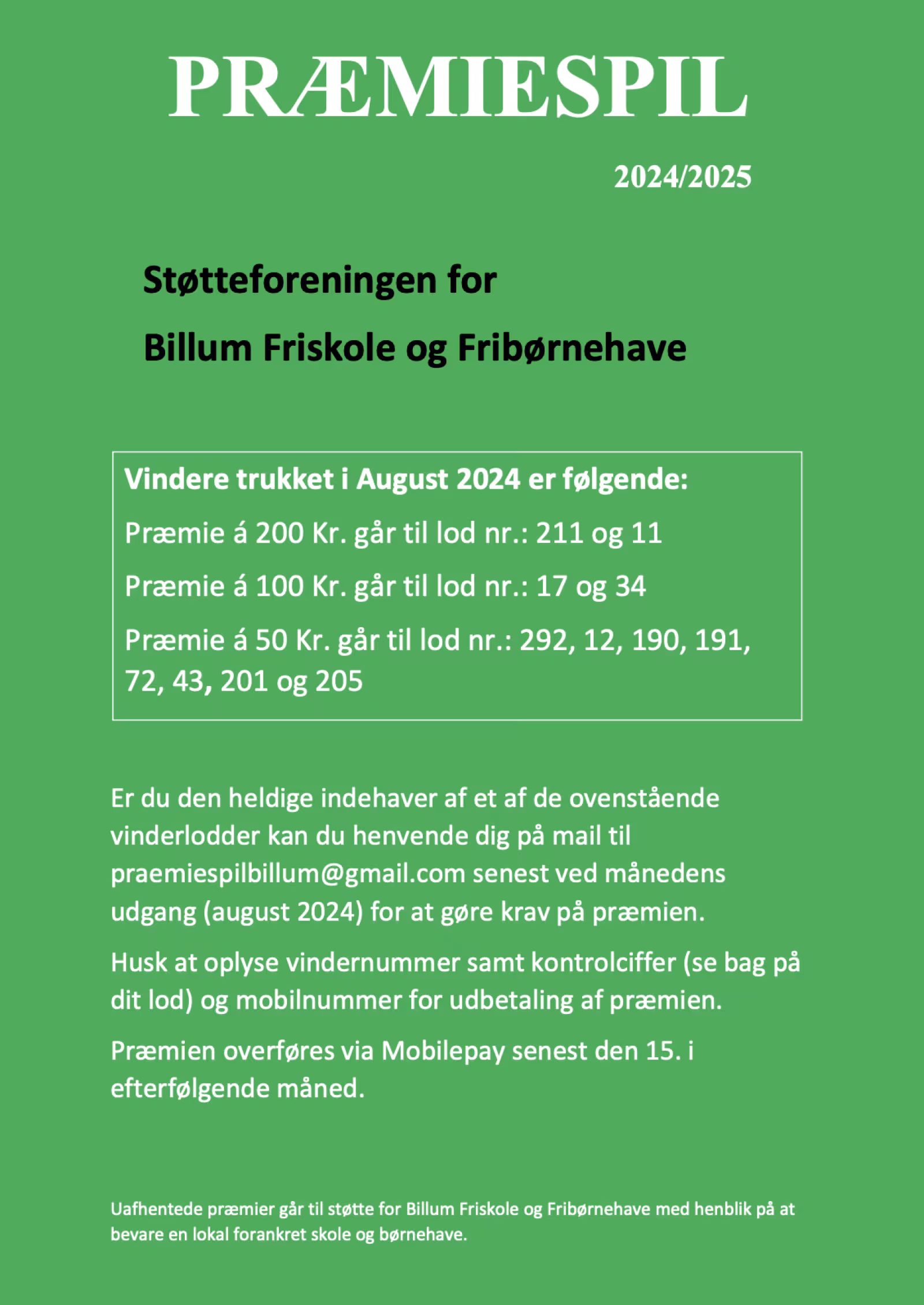 Præmiespil for Støtteforeningen for Billum Friskole og Fribørnehave