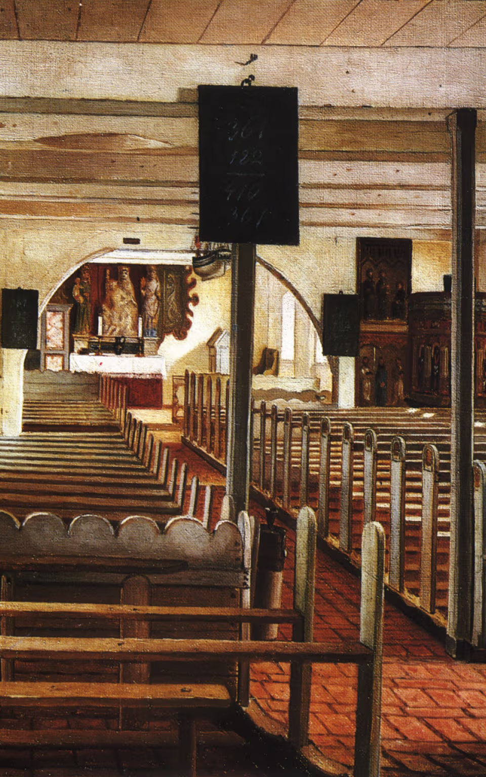 Kirkebænke og midtergang mod alteret i Oksby Gamle Kirke