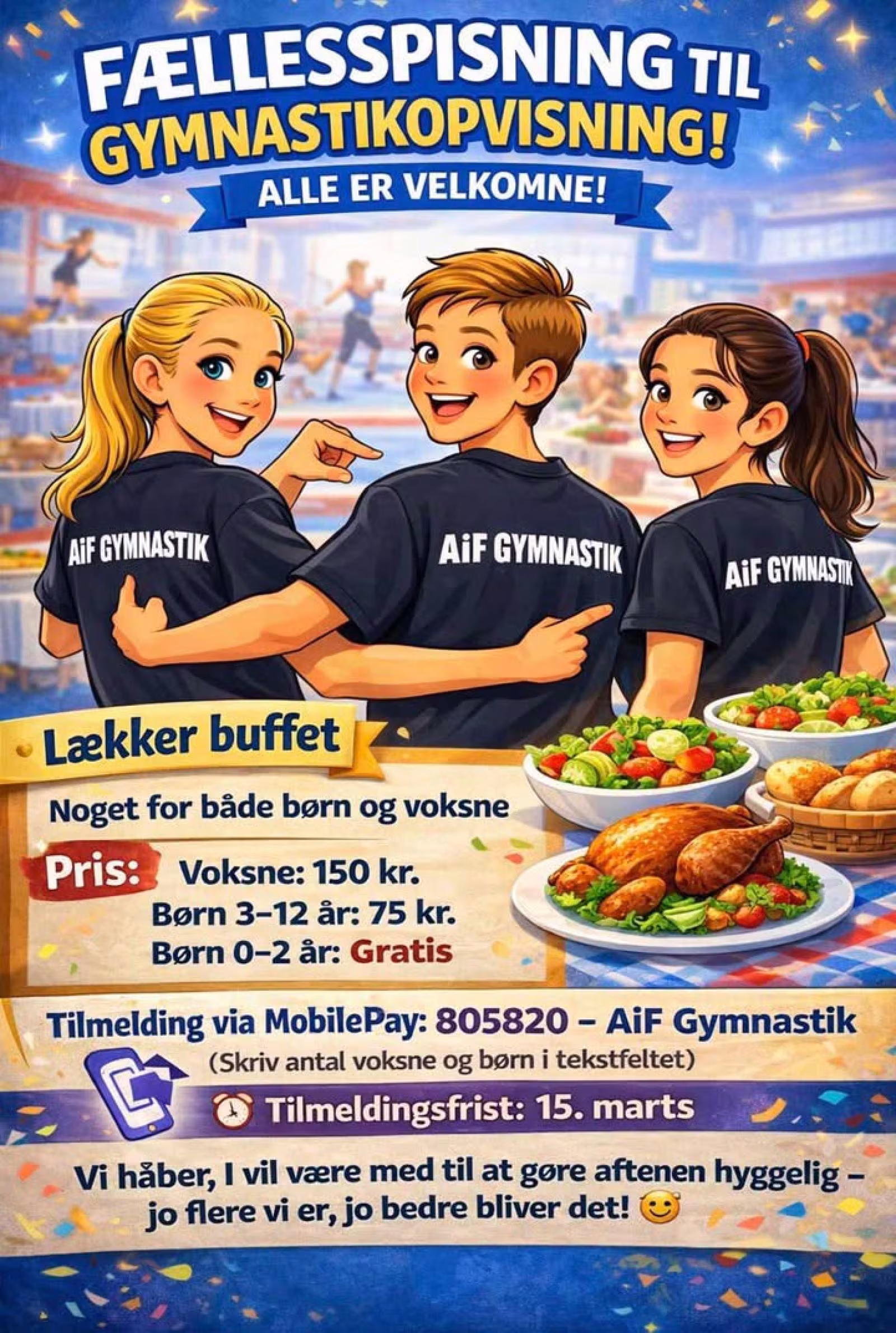 Fællesspisning efter gymnastikopvisning i hallen