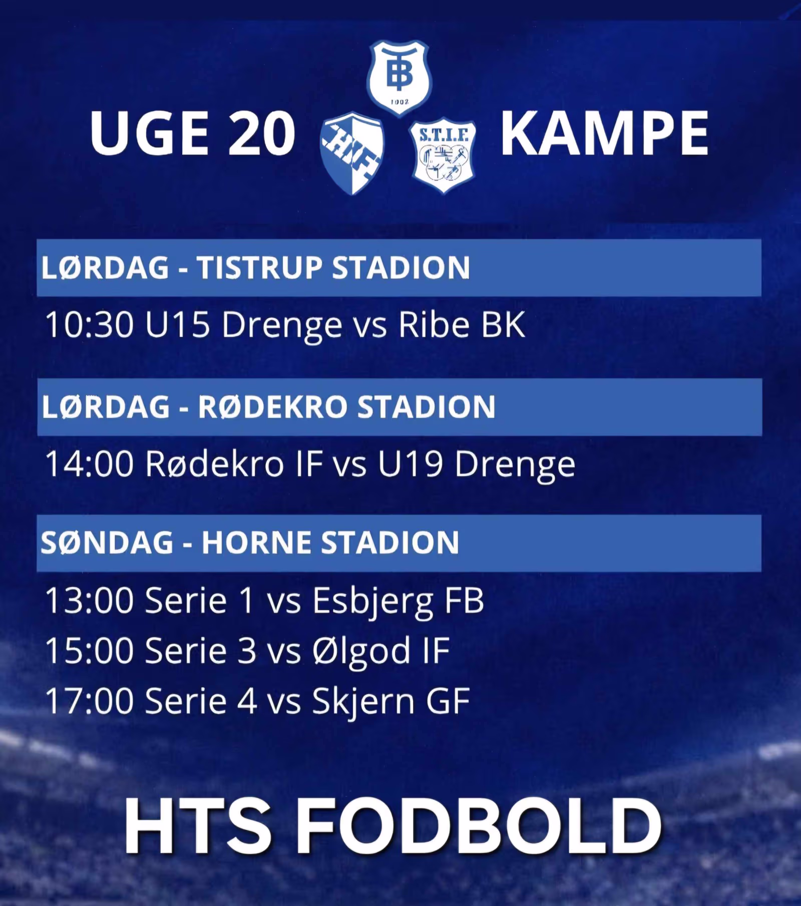 Uge20. HTS Fodbold spiller flere ungdoms- og seniorkampe på søndag Horne stadion.