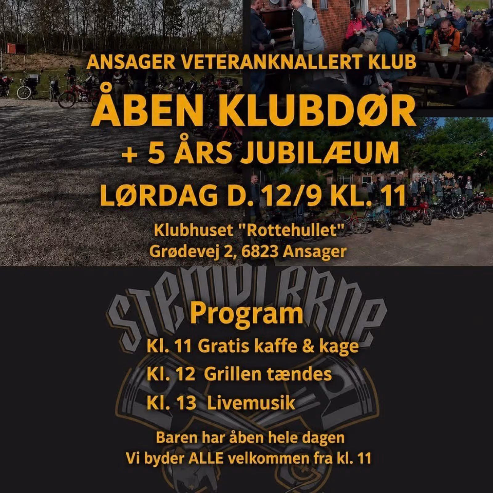 Åben klubdør med knallerter, musik og grill