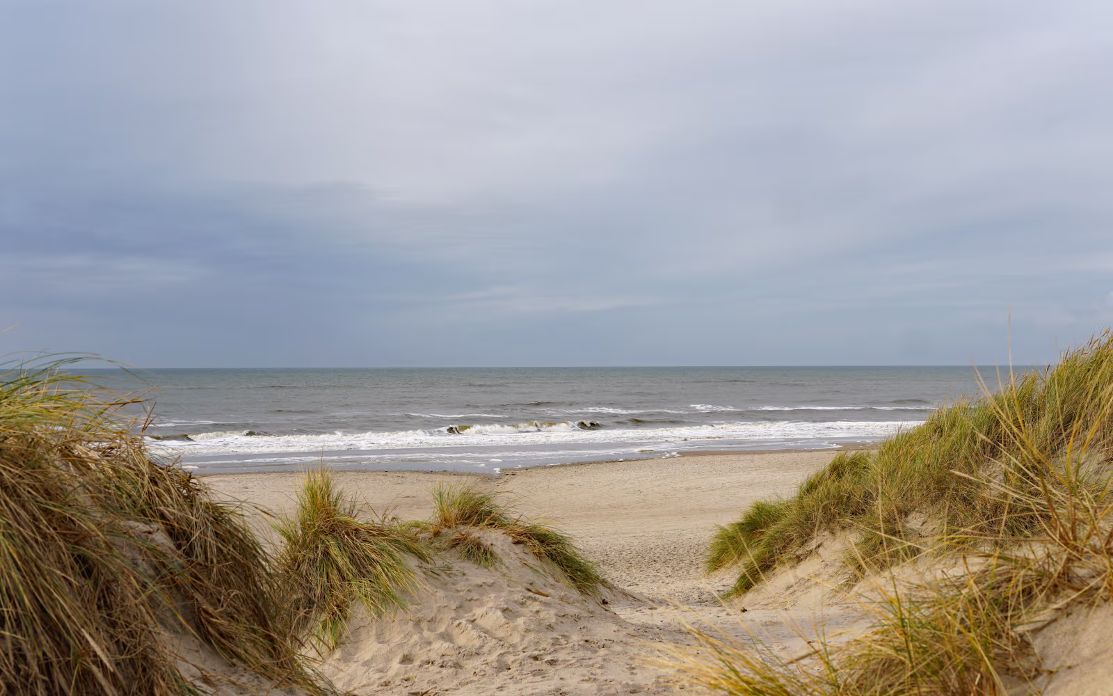 Vesterhavet ved Henne Strand med bølger, sandstrand og klitter med marehalm