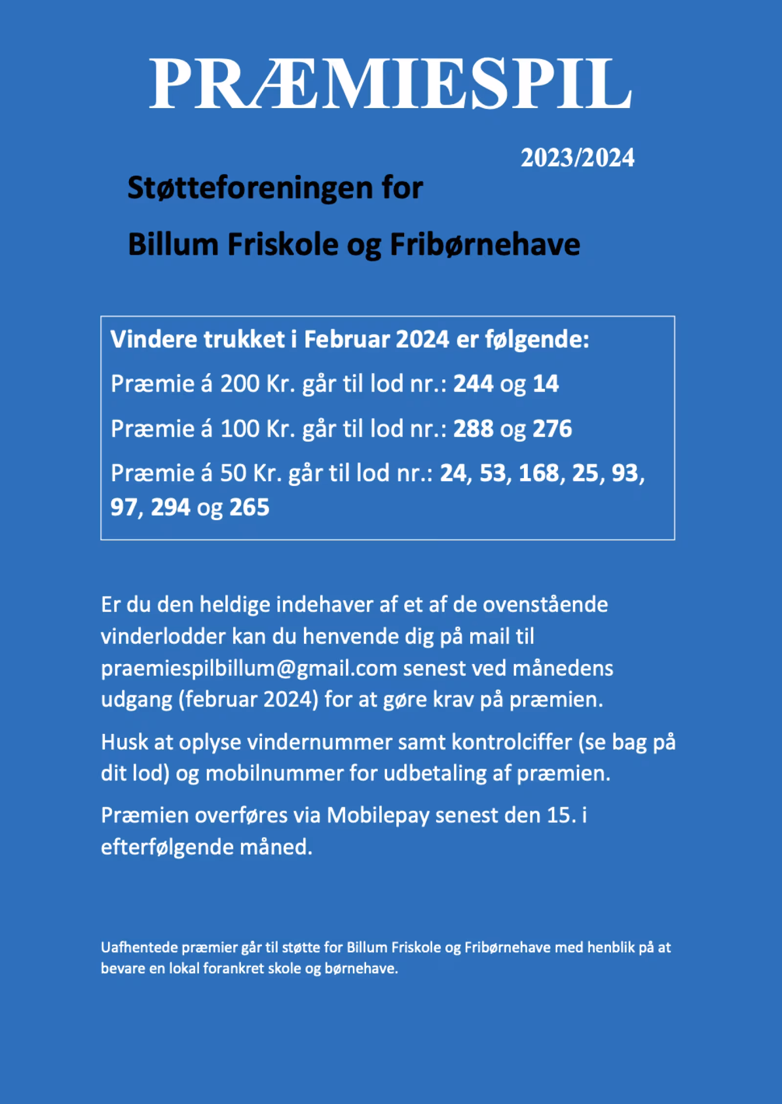 Præmiespil for Støtteforeningen for Billum Friskole og Fribørnehave