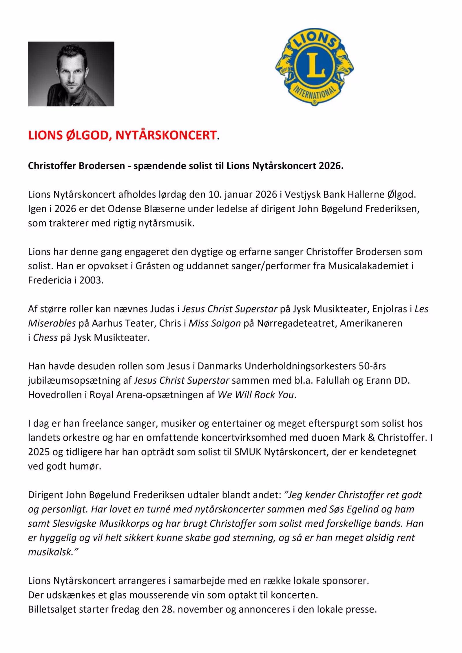 Lions Ølgod Nytårskoncert 2026 - Solist Christoffer Brodersen