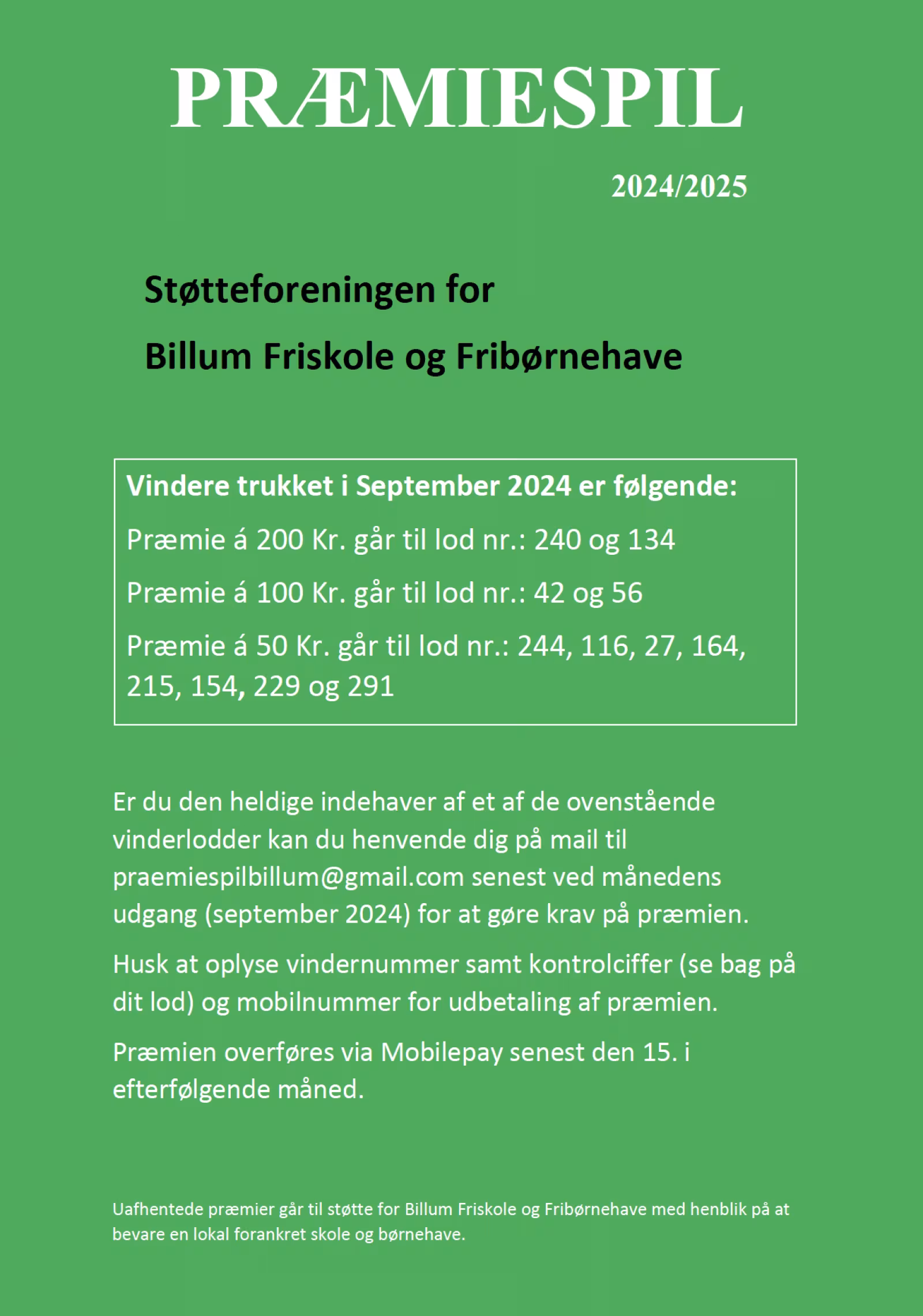 Præmiespil for Støtteforeningen for Billum Friskole og Fribørnehave