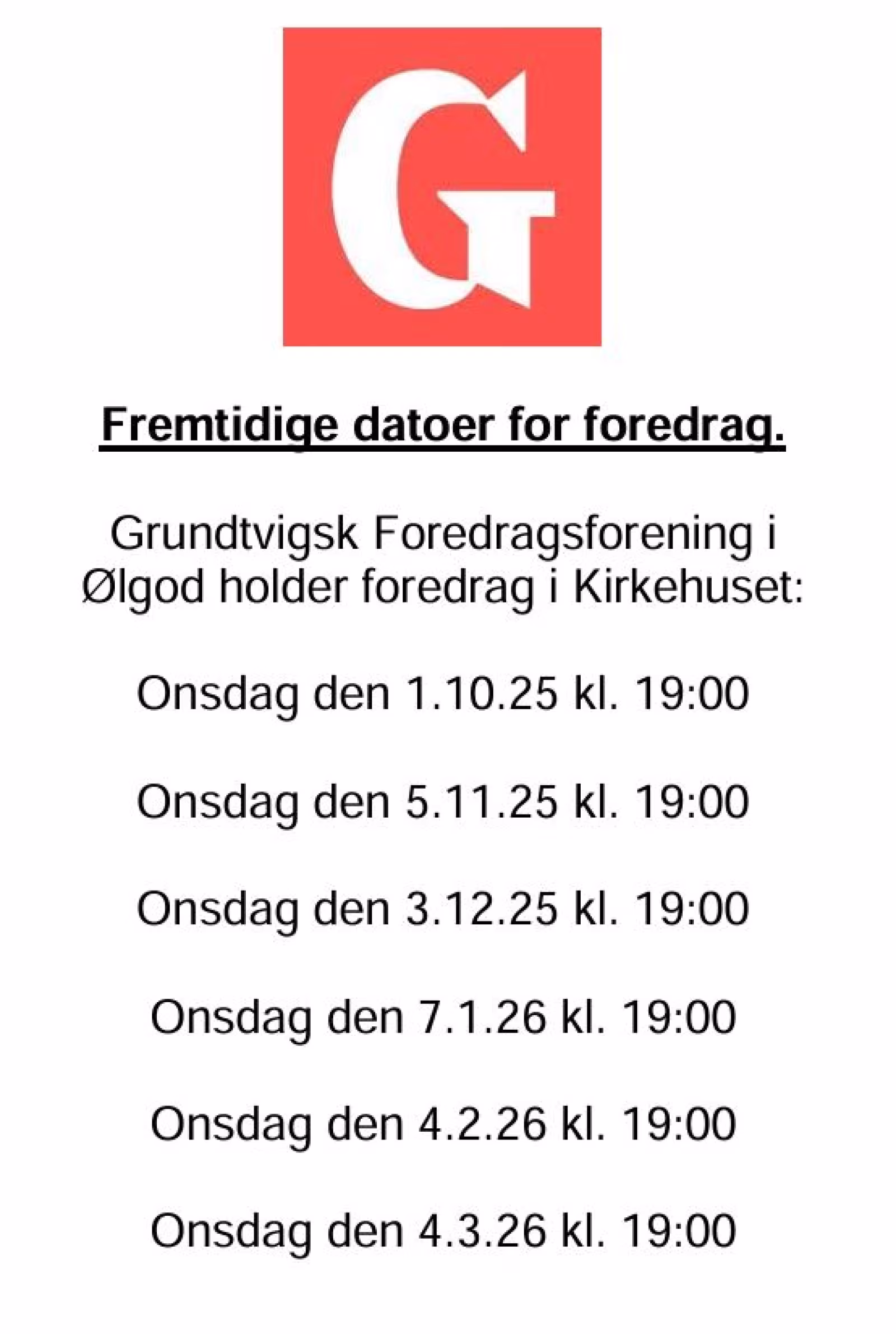 Fremtidige datoer for foredrag.