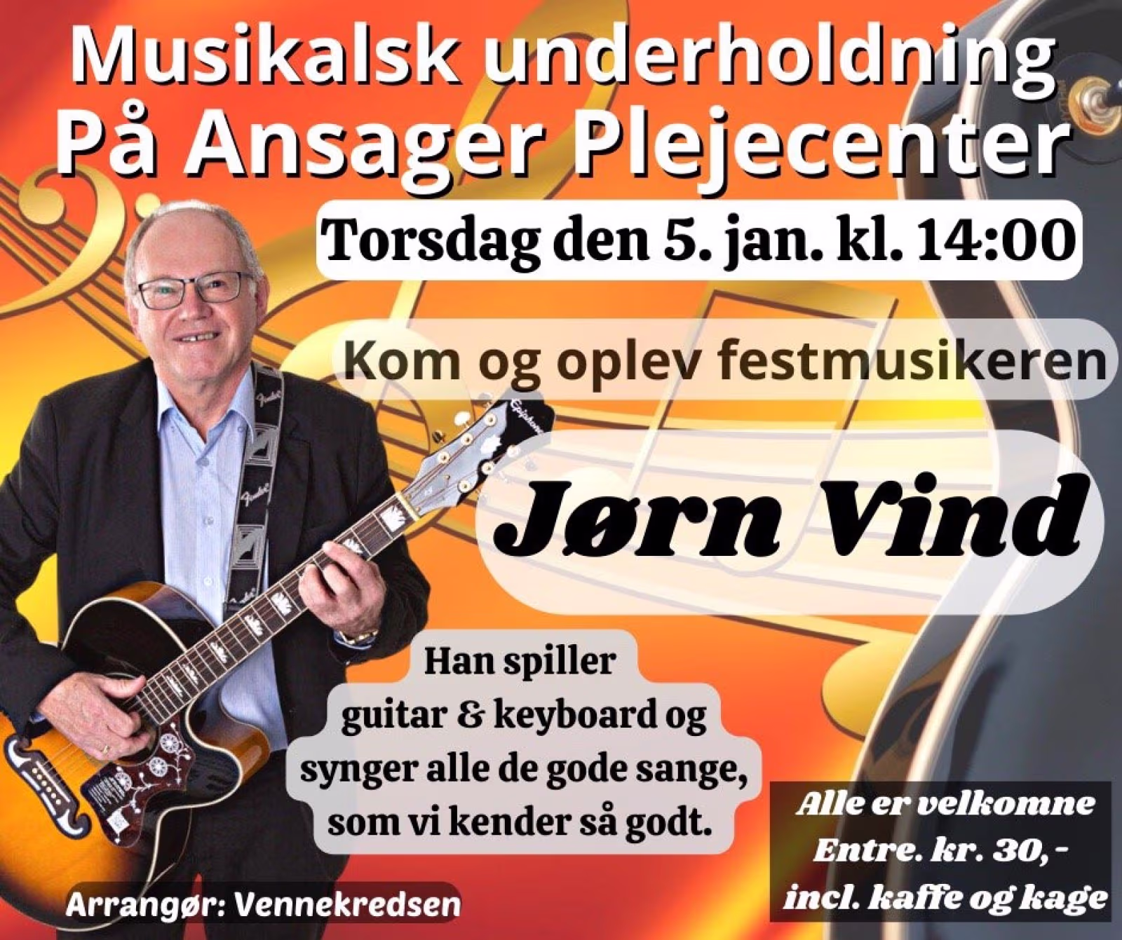 Jørn Vind spiller et bredt repertoire fra de kendte danske og udenlandske kunstnere med hovedvægt på 60´er, 70´er og 80´er melodier.