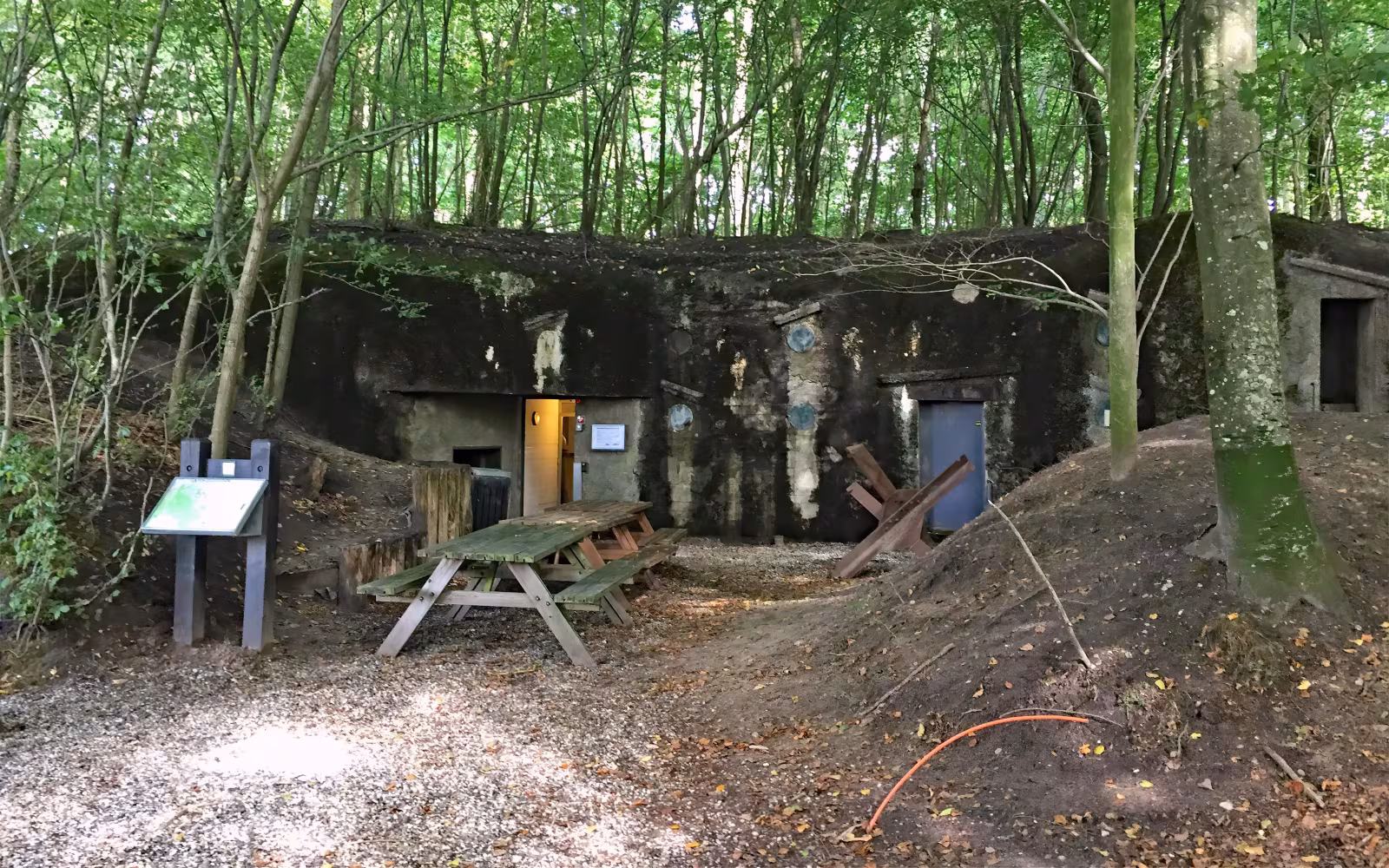 Bunkerindgang ved Museumsbunkerne i Skanderborg under tæt grøn skov