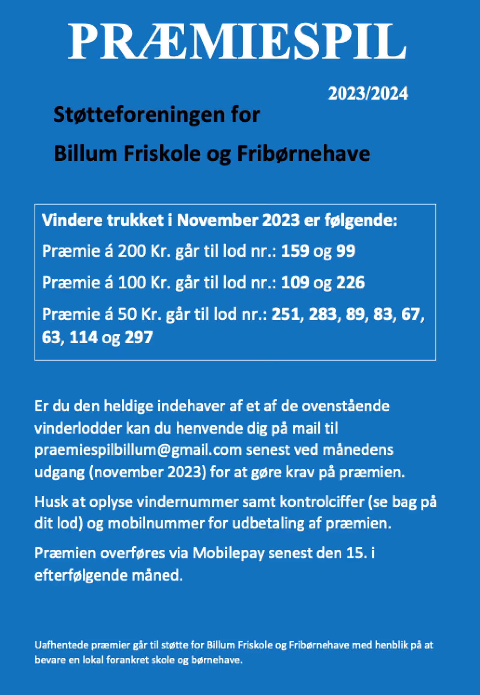 November-vindernumre fra friskolens præmiespil