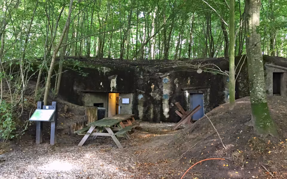 Bunkerindgang ved Museumsbunkerne i Skanderborg under tæt grøn skov