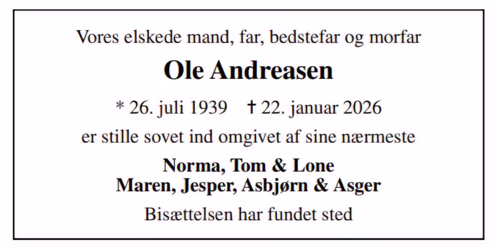 Ole Andreasen er stille sovet ind
