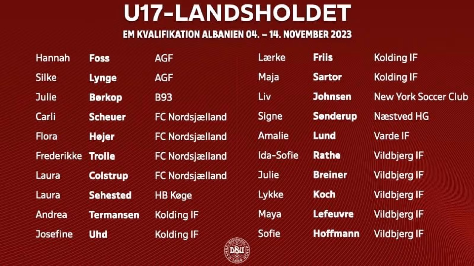 Varde IF`s Amalie Lund med U 17 landsholdet til EM kvalifikation i Albanien
