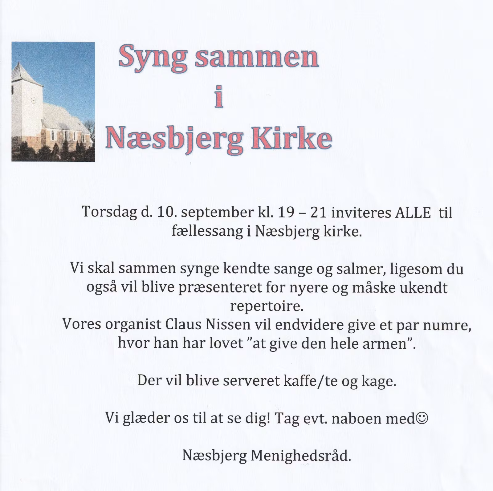 Sangaften for alle i Næsbjerg Kirke tors den 10. sept. kl 19-21