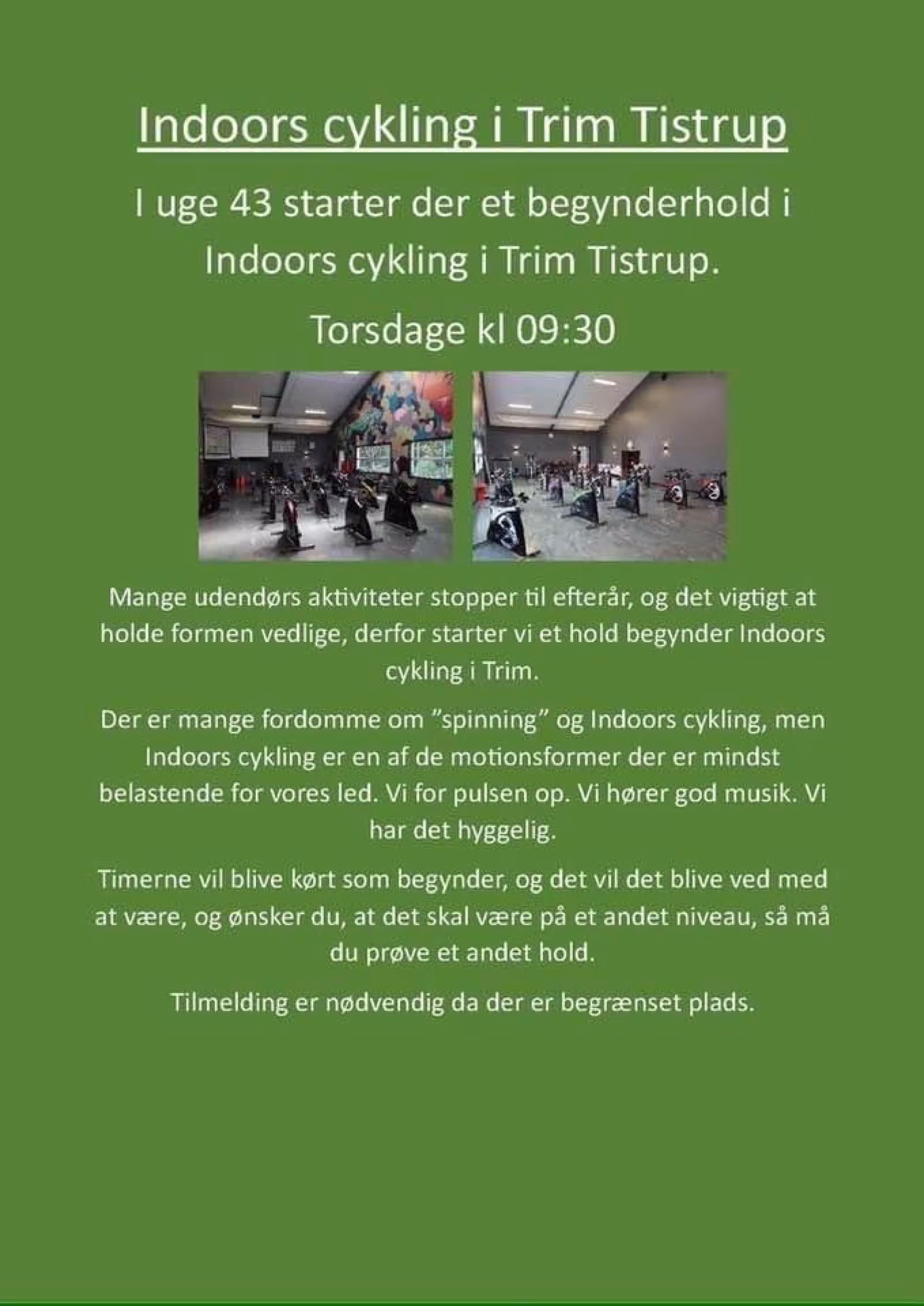 Tilmelding åben: Indoors cykling for begynder i Tistrup