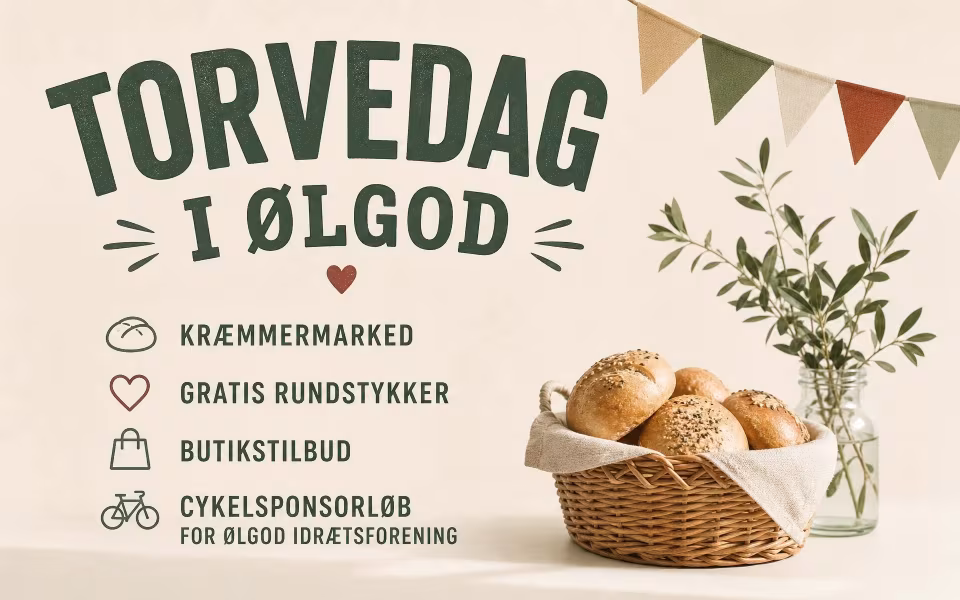 Torvedag med kræmmermarked, gratis rundstykker, butikstilbud og cykelsponsorløb for Ølgod Idrætsforening.