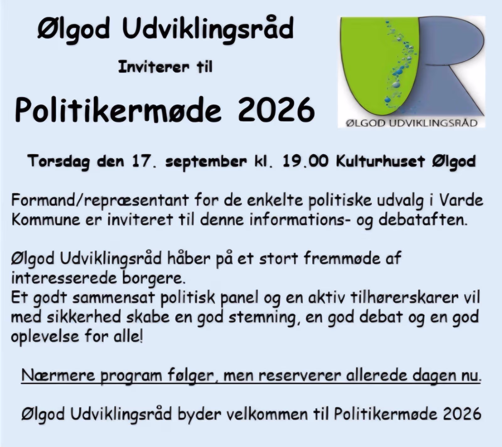 Ølgod Udviklingsråd   Inviterer til   Politikermøde 2026