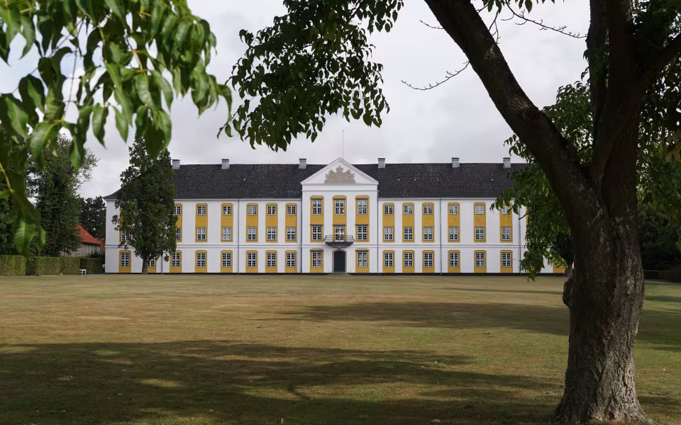 Augustenborg Slot med gul-hvid facade set bag store træer på plænen