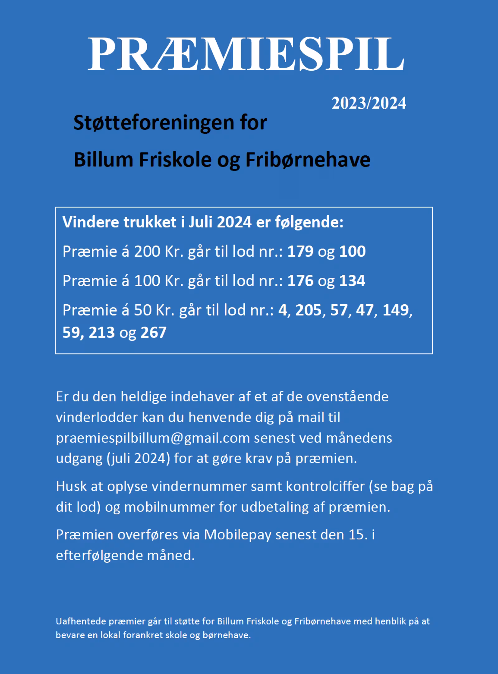 Præmiespil for Støtteforeningen for Billum Friskole og Fribørnehave