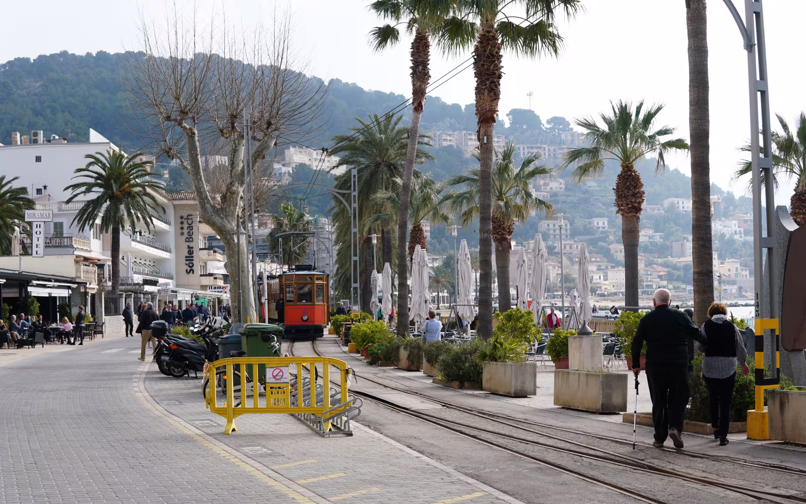 Sporvogn på palmeomkranset promenade i Port de Sóller med bjerge bagved