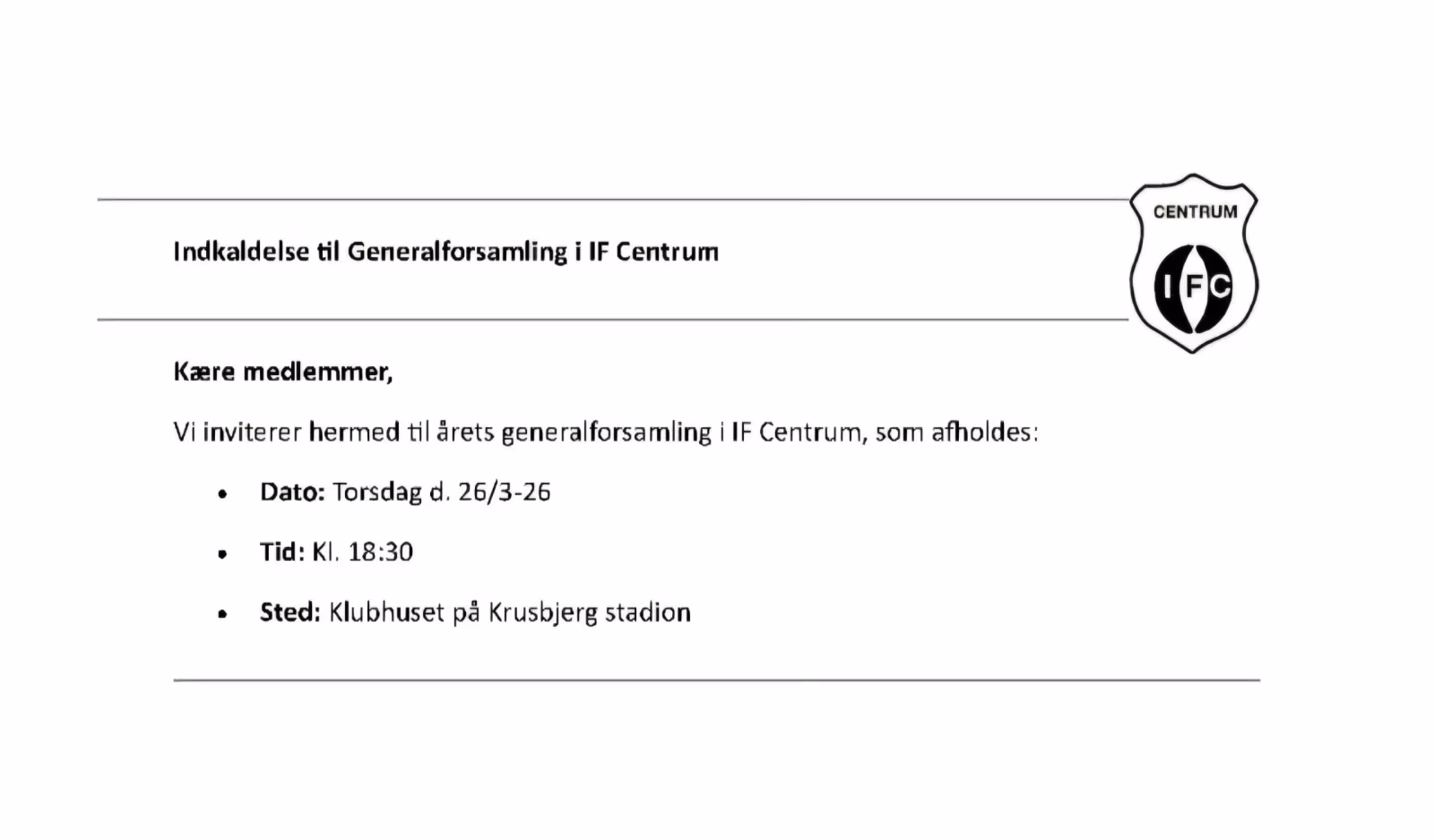 Indkaldelse til Generalforsamling i IF Centrum