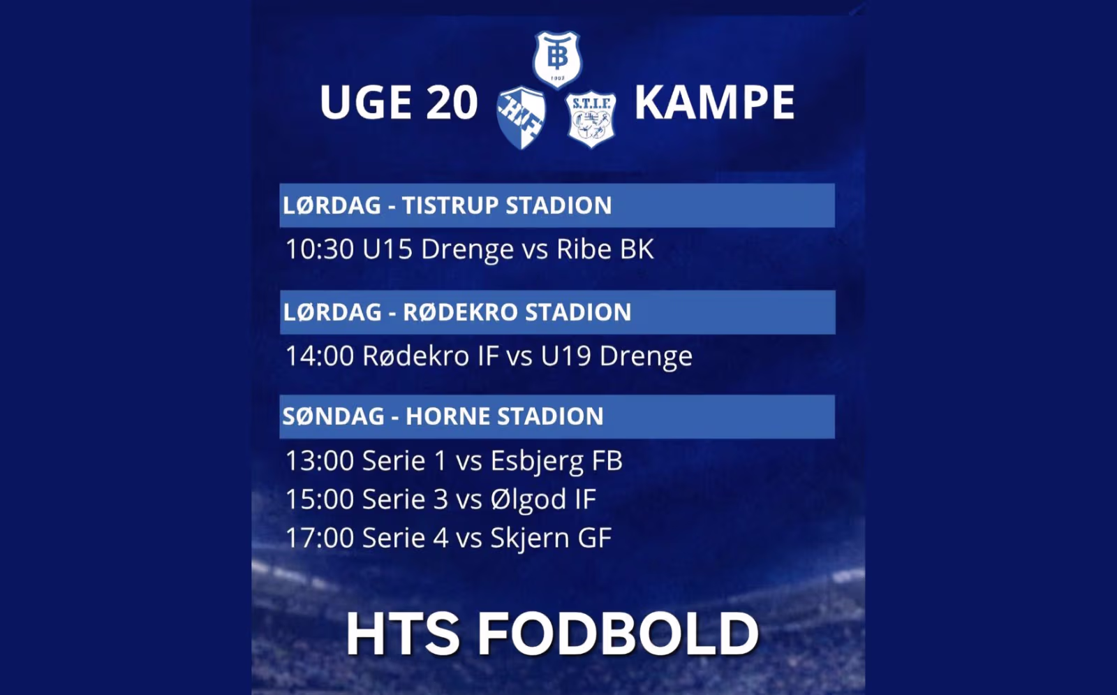 Uge20. HTS Fodbold spiller flere ungdoms- og seniorkampe på søndag Horne stadion.