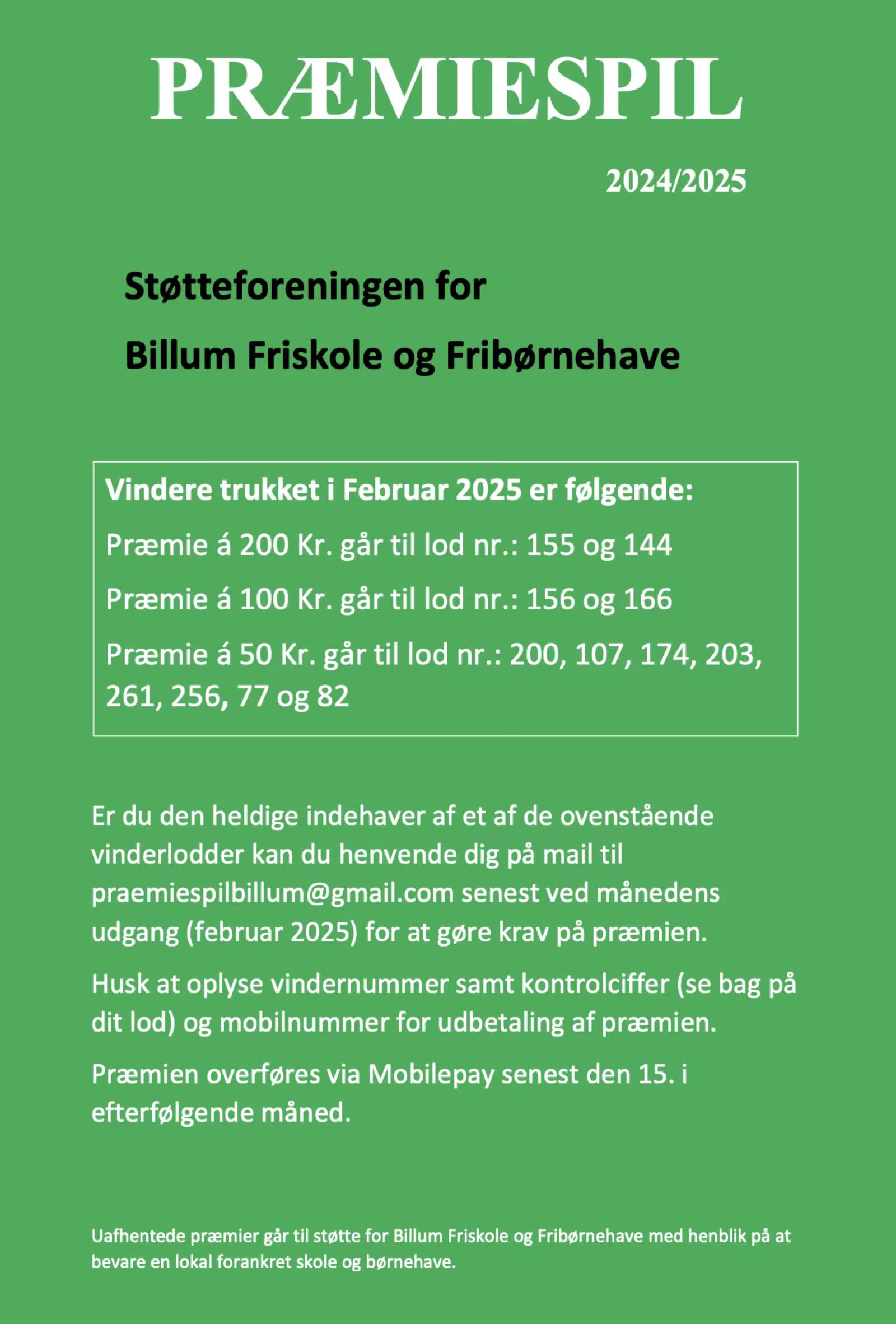 Præmiespil for Støtteforeningen for Billum Friskole, -børnehave og -vuggestue
