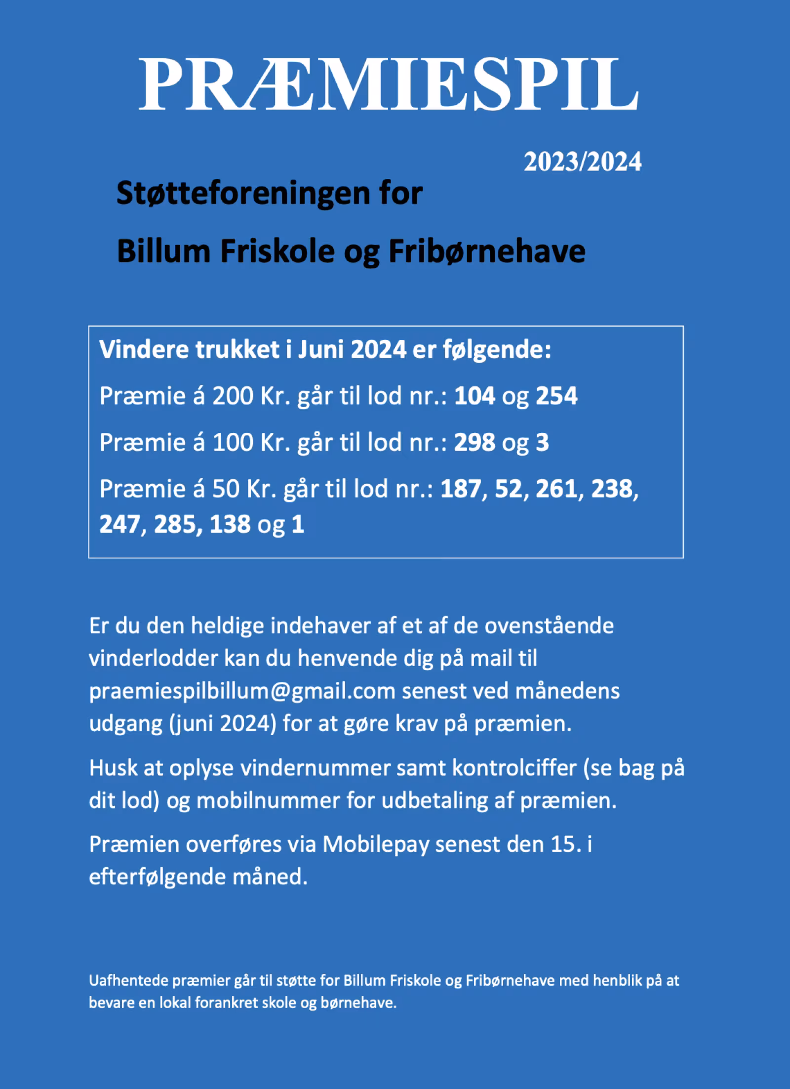 Præmiespil for Støtteforeningen for Billum Friskole og Fribørnehave