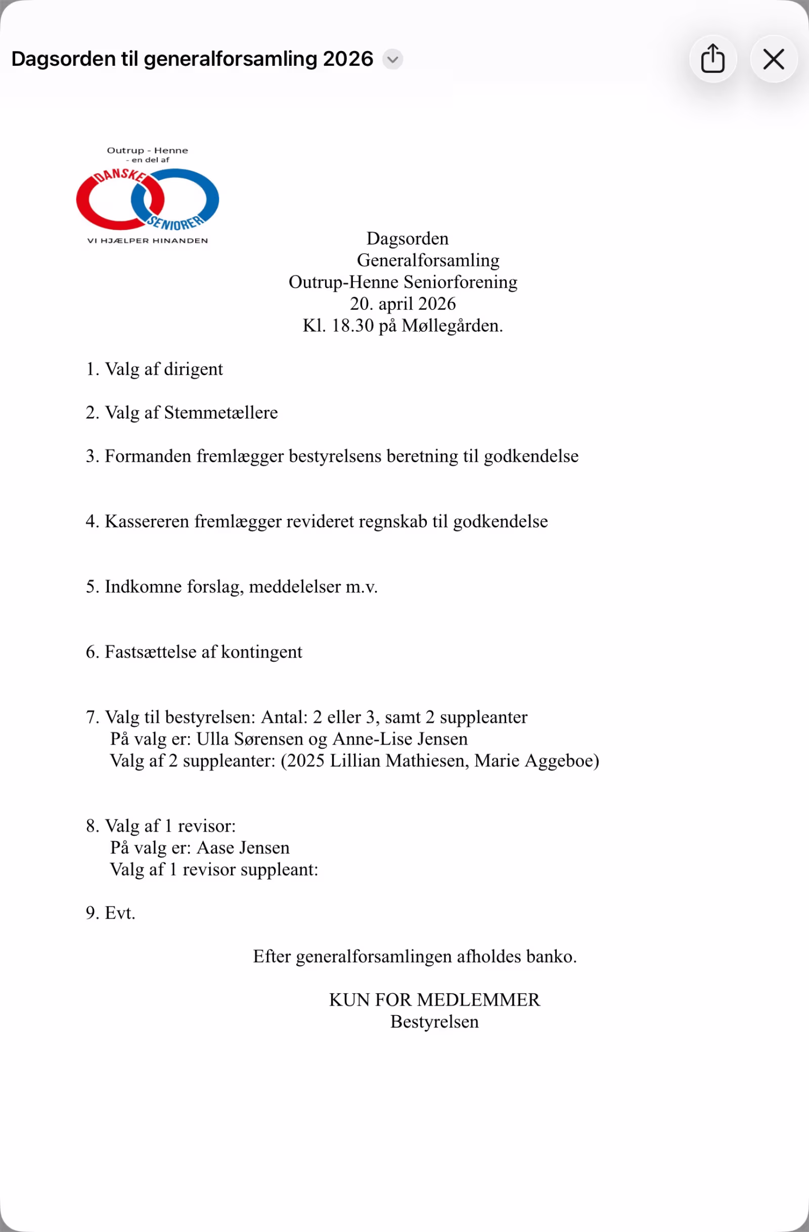 Generalforsamling Outrup-Henne Seniorforening