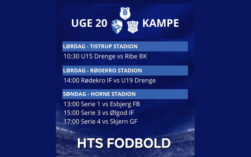 Uge20. HTS Fodbold spiller flere ungdoms- og seniorkampe på søndag Horne stadion.