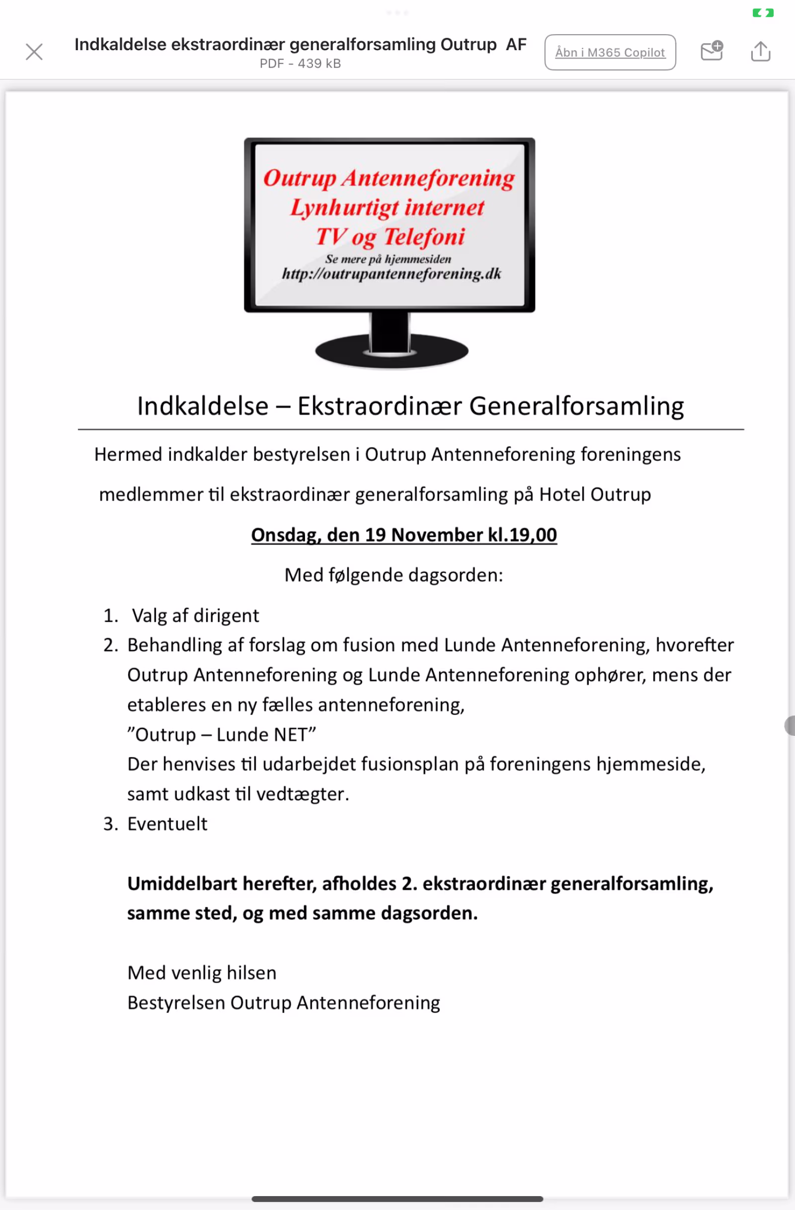 Ekstraordinær generalforsamling om fusion
