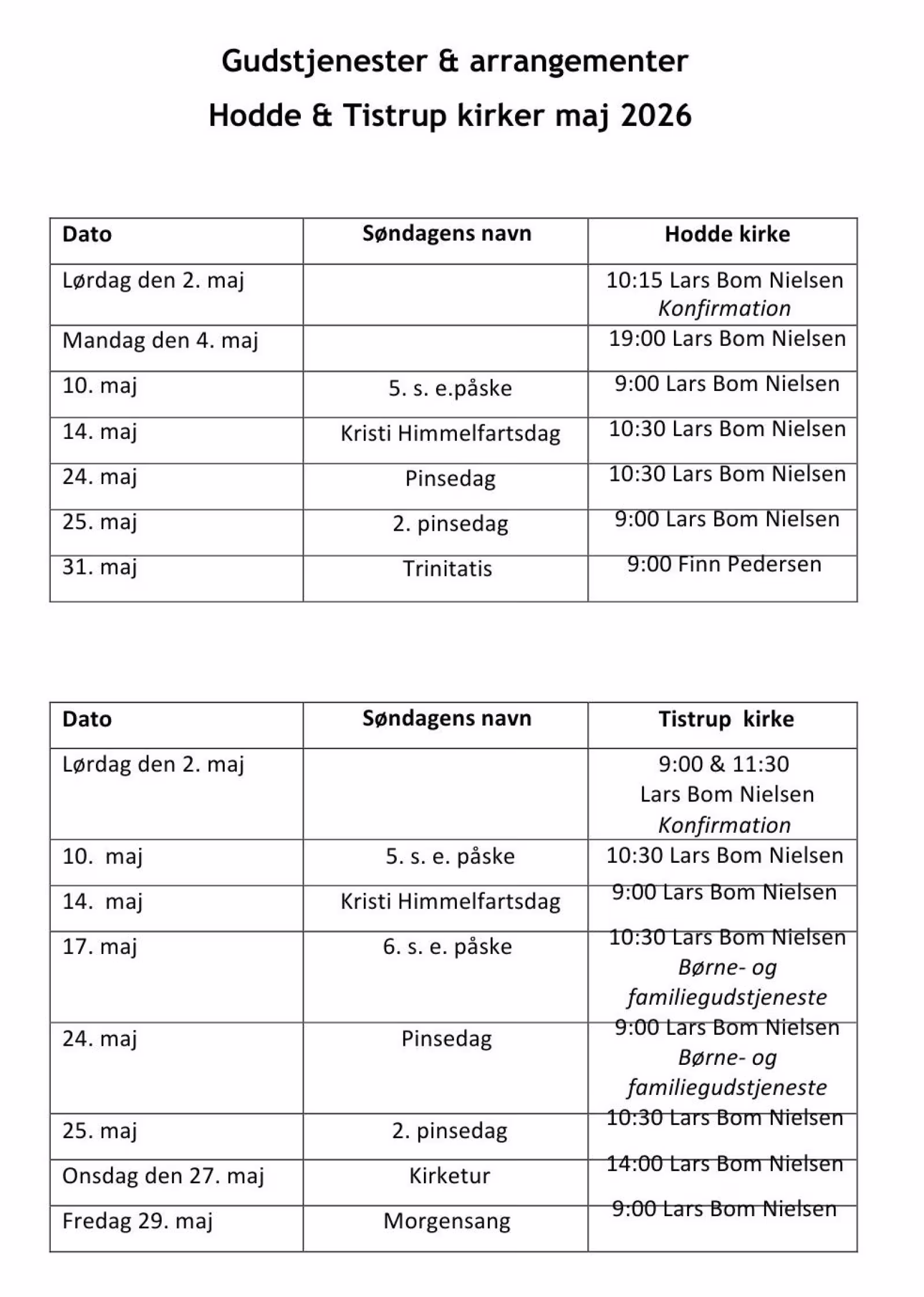 Gudstjenester &amp; arrangementer Hodde &amp; Tistrup kirker maj 2026